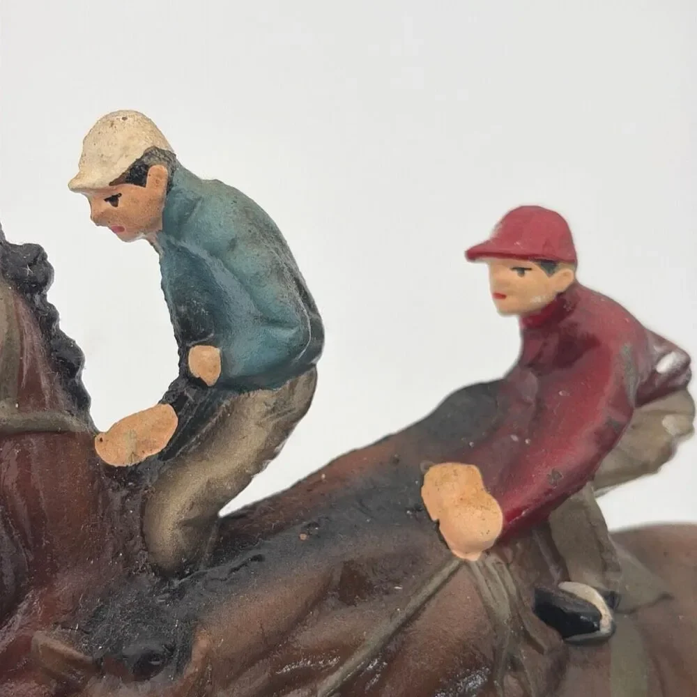Vintage Cast Iron Door Stop Equestrians on Horseback Racing Jockey on Horse 8x11